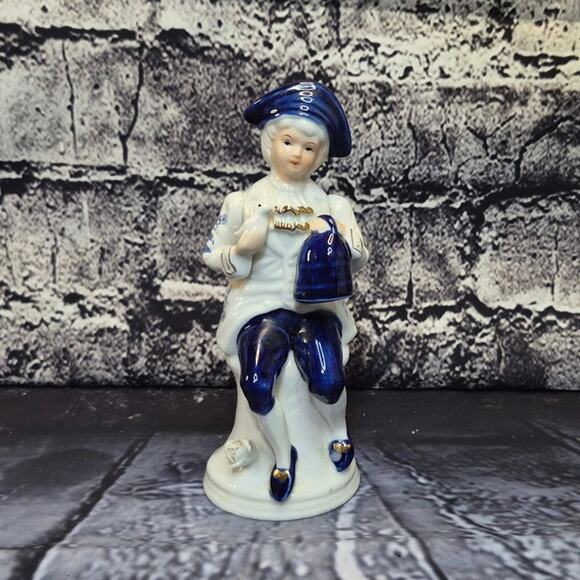 Vintage Porcelain Boy with Bird and Basket Statue White Porcelaine Cobalt Blue - Picture 1 of 5